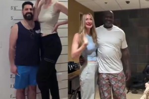 奥尼尔与模特合影 ！终于看到正常的身高搭配了😂